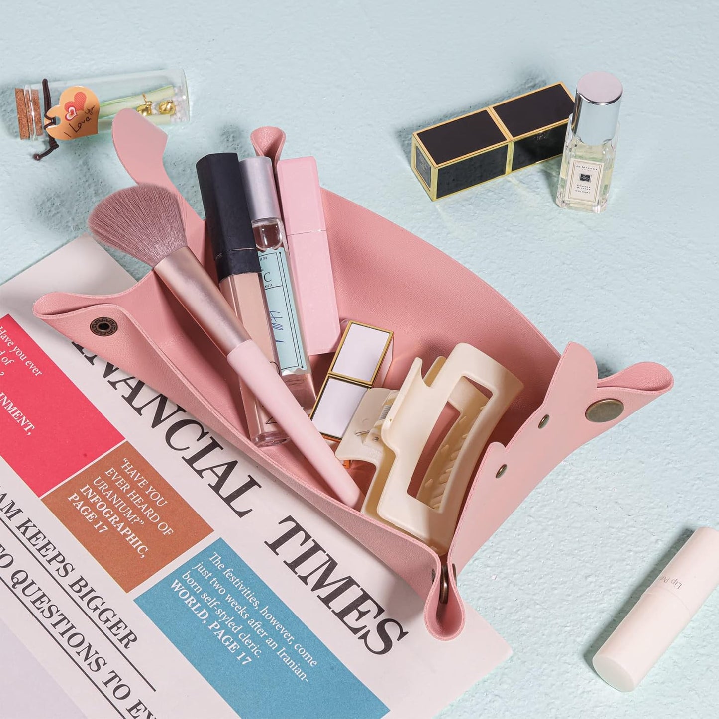 Cute Cat Shaped Leather Valet Tray,Cat Dice Tray,Premium Catchall Jewelry Tray, Folding Portable Travel Organizer,Decorative Desk Organizer for RPG Game Players, (Pink)