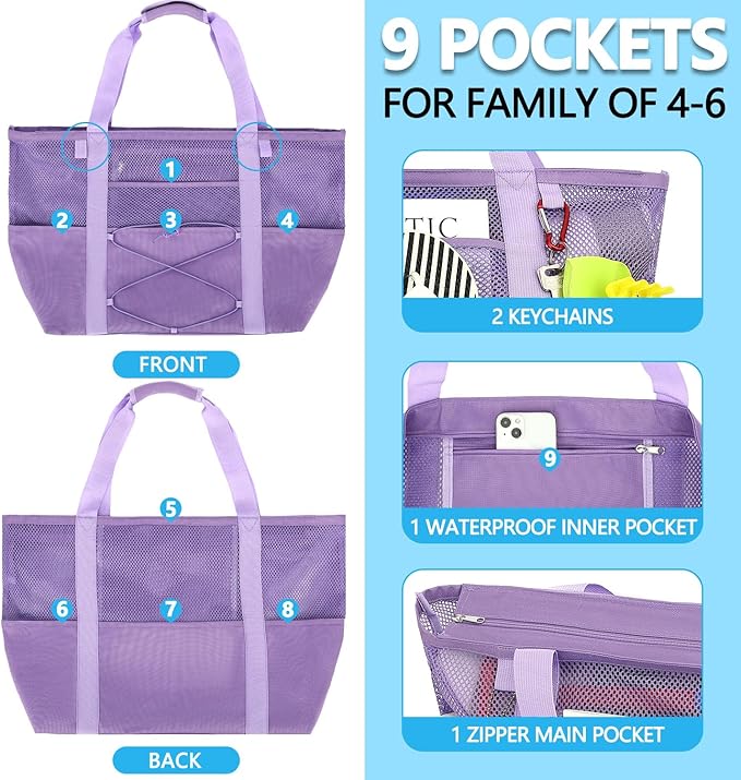 Mesh Beach Bag, Large Beach Tote with Zipper Pocket, Toys Pool Bag for Family Travel Vacation Cruise Essentials