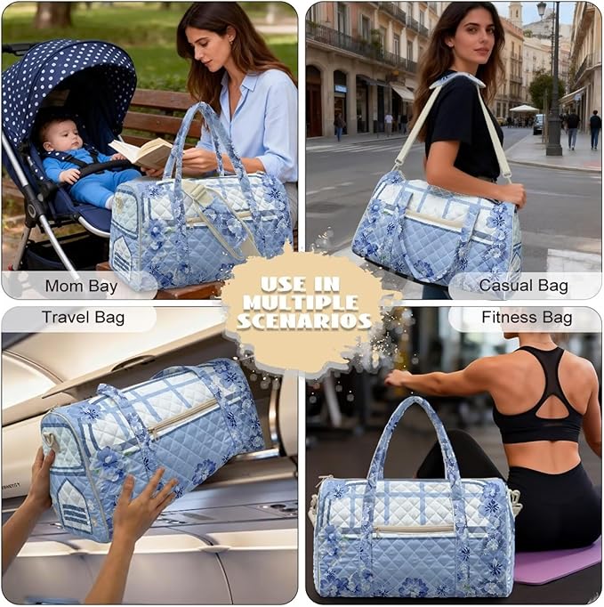 COEQINE Quilted Tote Bag Large Car Duffel Bag Women Travel Blue White Floral Camping Car Gym Bag for Womens for Overnight, Weekend, Yoga