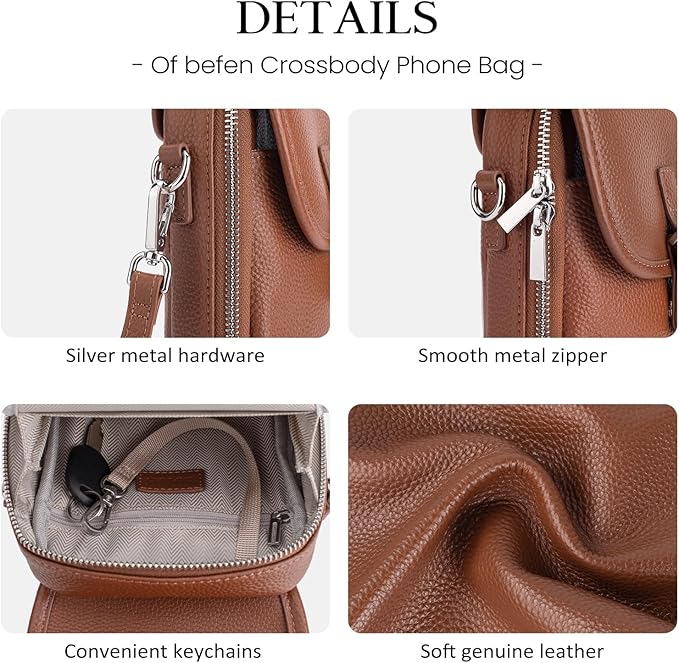 befen Genuine Leather Small Crossbody Bags for Women Cross Body Bag Purses Cell Phone Purse for Travel with RFID Card Slots