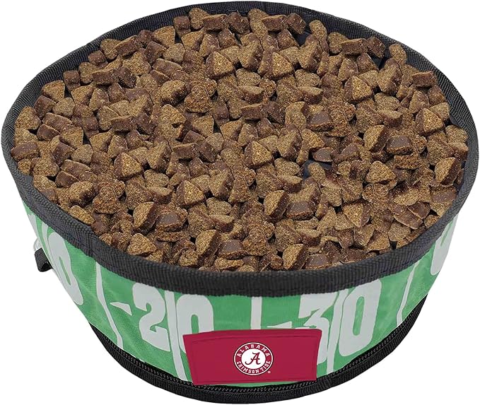 Pets First NCAA Alabama Crimson Tide Collapsible Dog Travel Bowl, Food and Water Bowl for Dogs & Cats. Lightweight Leak-Proof Pet Bowl for Travel with Football Field & Pebble-Grain Design