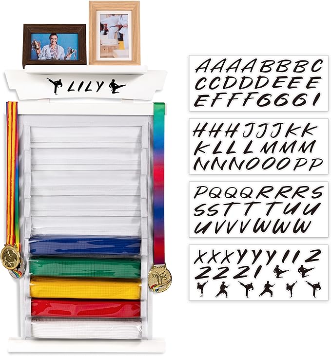 Tilhumt 10/12 Belts Karate Belt Display Rack with Photo Shelf, Felt Taekwondo Belt Display Rack Martial Arts Belt Display for Adults TKD, BJJ