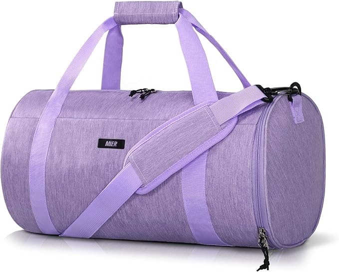 MIER Gym Bag Round Duffle Bag with Shoe Compartment & Wet Pocket, Lightweight Carry on Duffel for Men Women Workout Fitness Travel Sports, 24L, Purple