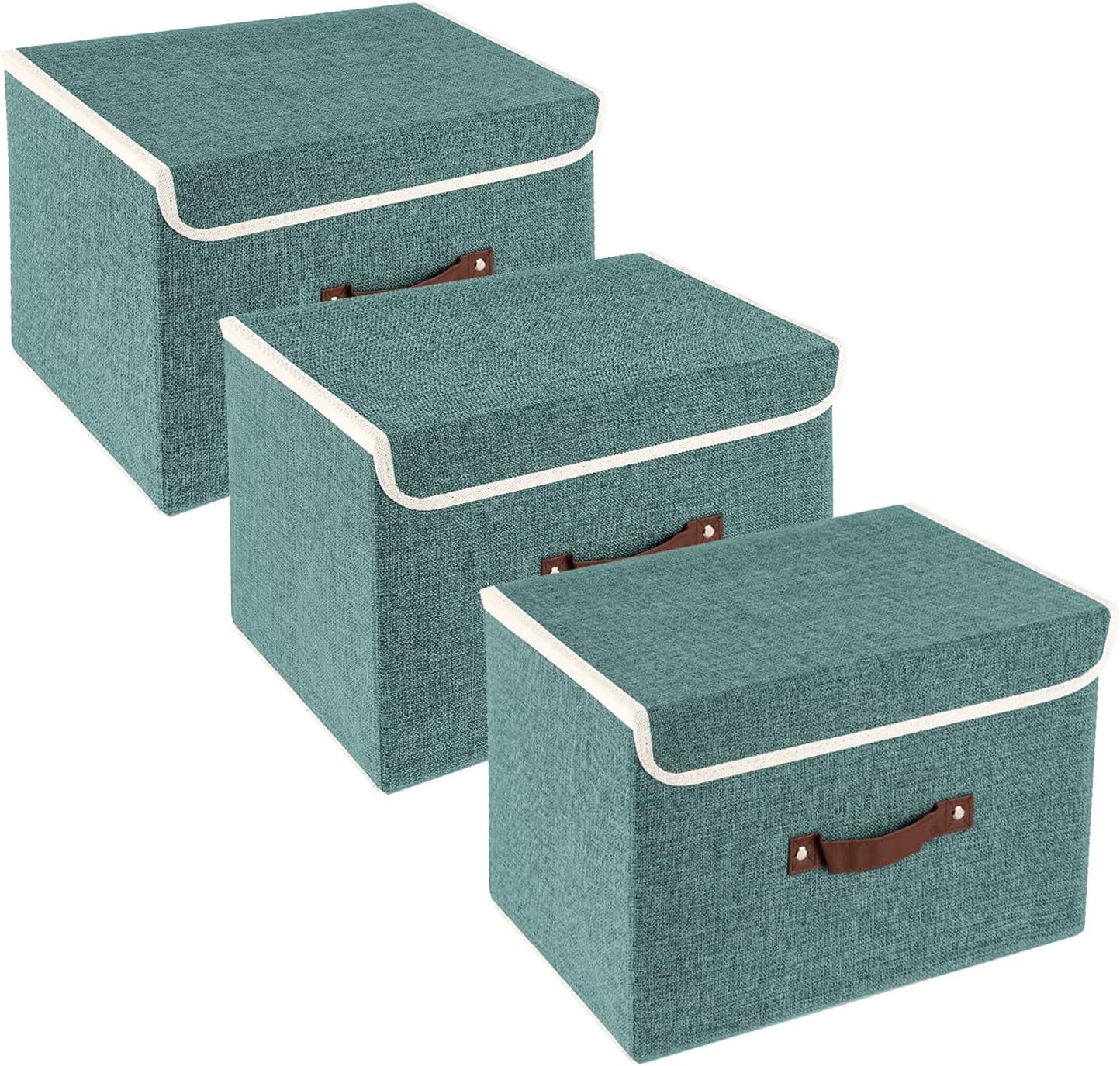 TYEERS Collapsible Storage Boxes, Washable Fabric Storage Bins with Lids, 14.9x9.8x9.8 inches, 3 Pack, Aqua Deep