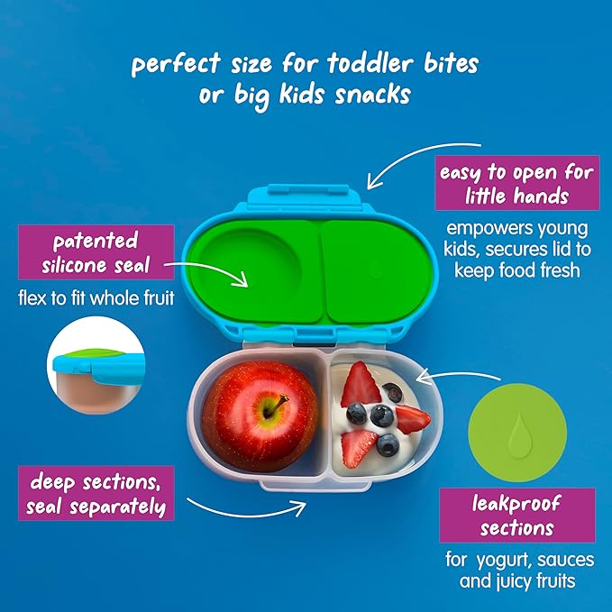 b.box Snack Box - Leakproof Mini Bento Box for Kids & Toddlers, 2 Compartment Snack Containers for Kids, Lunch Containers, Dishwasher Safe, BPA Free, PFAS Free, Ages 4m+, 1 3/4 Cup - Ocean Breeze