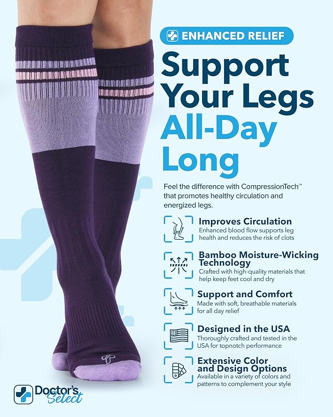 Doctor's Select Bamboo Viscose Light Compression Socks for Women & Men - 3 Pairs, 8-15 mmHg Compression Socks, Knee High
