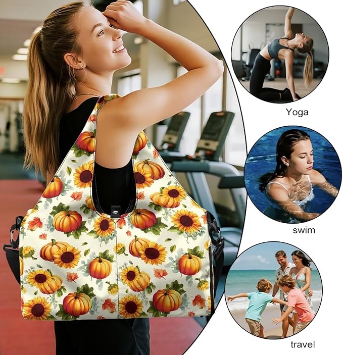 Autumn Sunflower Pumpkin Duffle Bag for Gym Sports Women Carry On Weekender Bag with Shoe Compartment for Yoga Travel Hiking Duffel Overnight Weekender Fall Thanksgiving Decor Gifts
