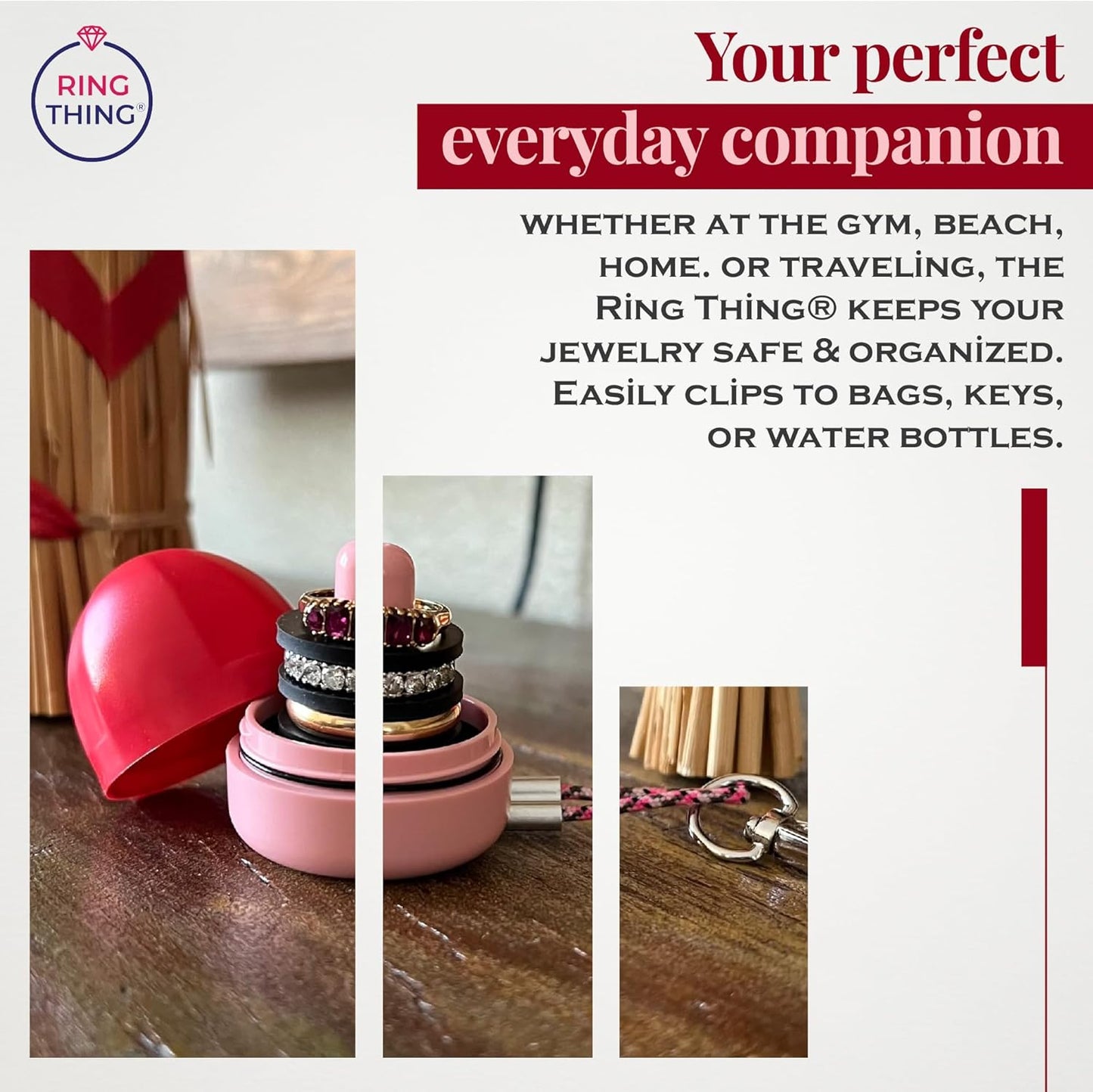 RING THING - Ring Holder Keychain, Jewelry Organizer and Storage, Portable Waterproof Ring Holder, Pill Box Keychain Container, Gym Accessory, and Travel Ring Case (Pink & Red)