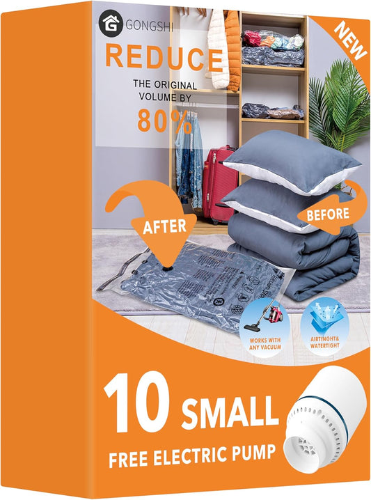 10 Small Vacuum Storage Bags with Electric Pump,Plastic Packaging Bags, Space Saver Bag for Clothes, Mattress, Blanket, Duvets, Pillows, Comforters, Travel