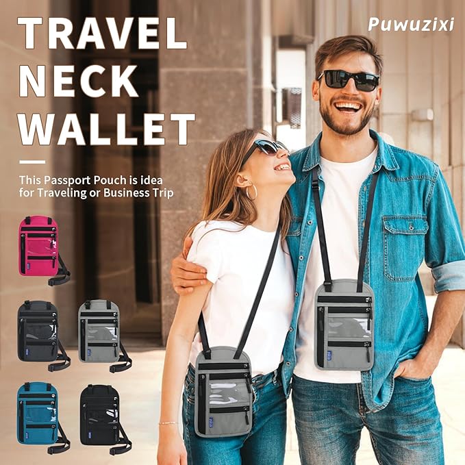 Passport Holder for Travel, RFID Travel Pouch Neck Wallet, Waterproof Passport Wallet for Women and Men, Gray