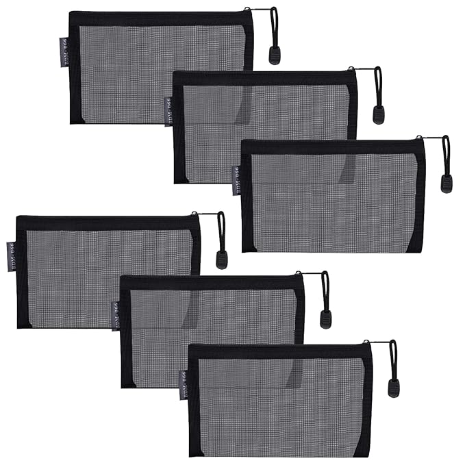 HRX Package Small Mesh Cosmetic Bags with Zipper, 6pcs Black Travel Makeup Pouches Organizer Case for Purse Diaper Bag