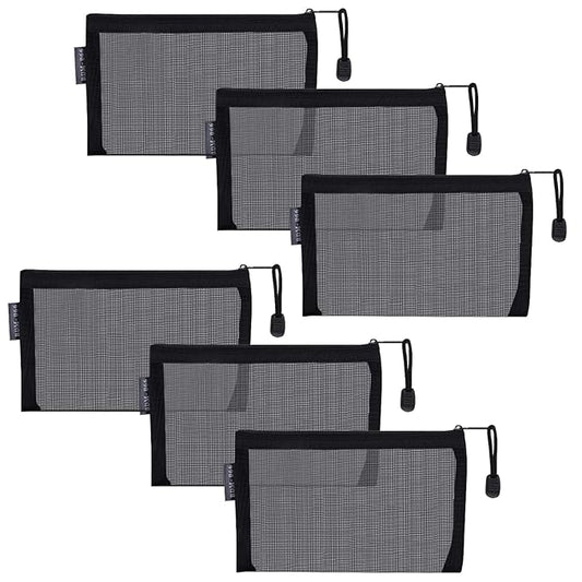 HRX Package Small Mesh Cosmetic Bags with Zipper, 6pcs Black Travel Makeup Pouches Organizer Case for Purse Diaper Bag