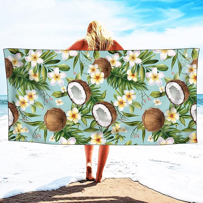 Coconut Pattern Beach Towel Extra Large 36" x 72", Thin Lightweight Microfiber Towels with Fruit Design, Sand Free and Quick Dry, Compact Bag
