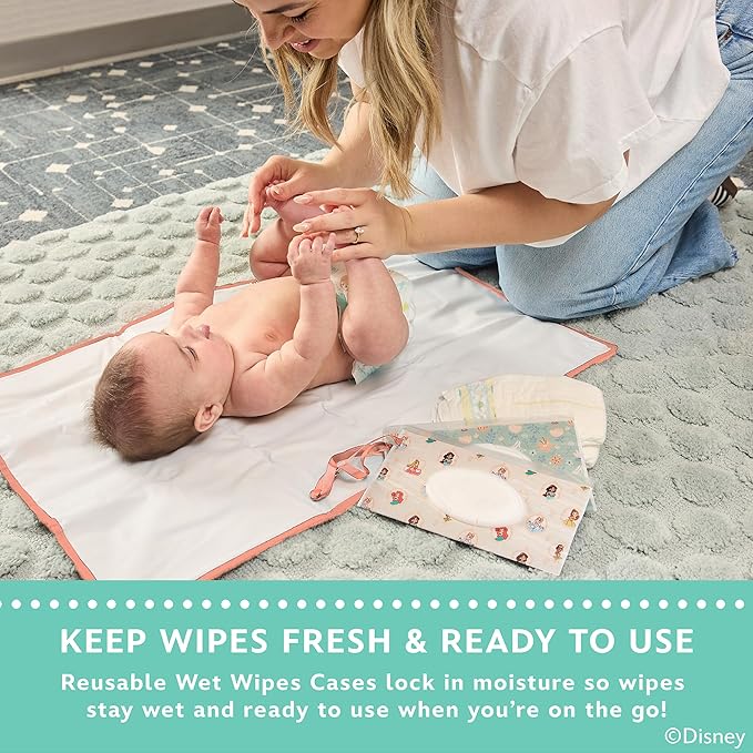 Disney Baby by J.L. Childress Reusable Wet Wipes Case Pouch - Refillable Baby Wipes Dispenser, Travel Essential for On the Go, Portable Holder with Wrist Strap - Princess, 2 Pack