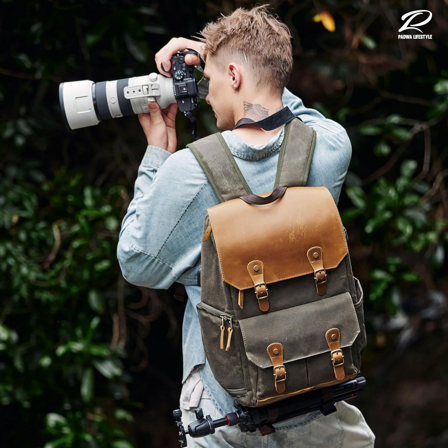 Padwa Lifestyle Coffee Camera Backpack - Weather Resistant Waxed Memory Canvas Camera Backpacks for Photographers,Multi DSLR SLR Camera Bag with 16” Laptop & Lens Compartment and Tripod Holder