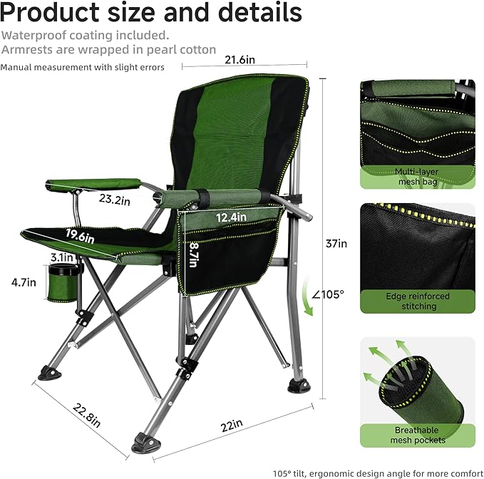 Folding Camping Chair with Cup Holder and Storage Bag, Heavy Duty Support 400 LBS, Oversized Collapsible Portable Camping Chair for Outdoor Camp, Picnic, Travel, Fishing Green