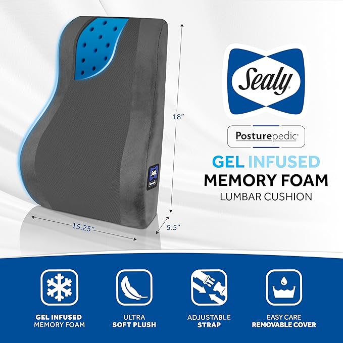 Sealy High Back Memory Foam Lumbar Support Pillow for Office Chair or Gaming Chair, Orthopedic Back Pillow for Car Seat, Gray