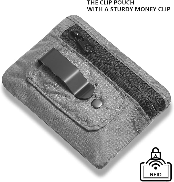 RFID Blocking Clip Stash Pocket, Compact Hidden Travel Belt Wallet for Cards & Cash - Slim Pickpocket-Proof Design for Everyday Carry, Grey