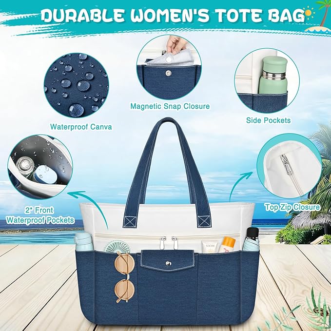 Beach Bags for Women Large Canvas Beach Tote with Zipper Wet Pocket, Waterproof Foldable Swim Pool Travel Tote Bags