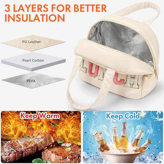 Lunch Bag for Women Insulated For Men PU leather Small Office Work lunch with Chenille Letters Leakproof Freezable Cooler Reusable Portable Box (White)