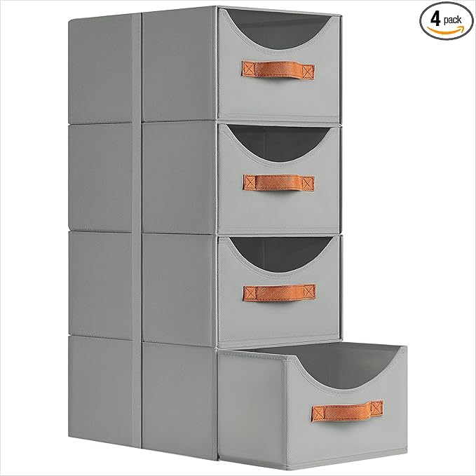 Stackable Storage Drawers - Collapsible Storage Bins with Drawers, 4 Pack Closet Shelf Organizer Basket, Fabric Pull Out Organizer for Bedroom, Living Room, Dorm, Grey