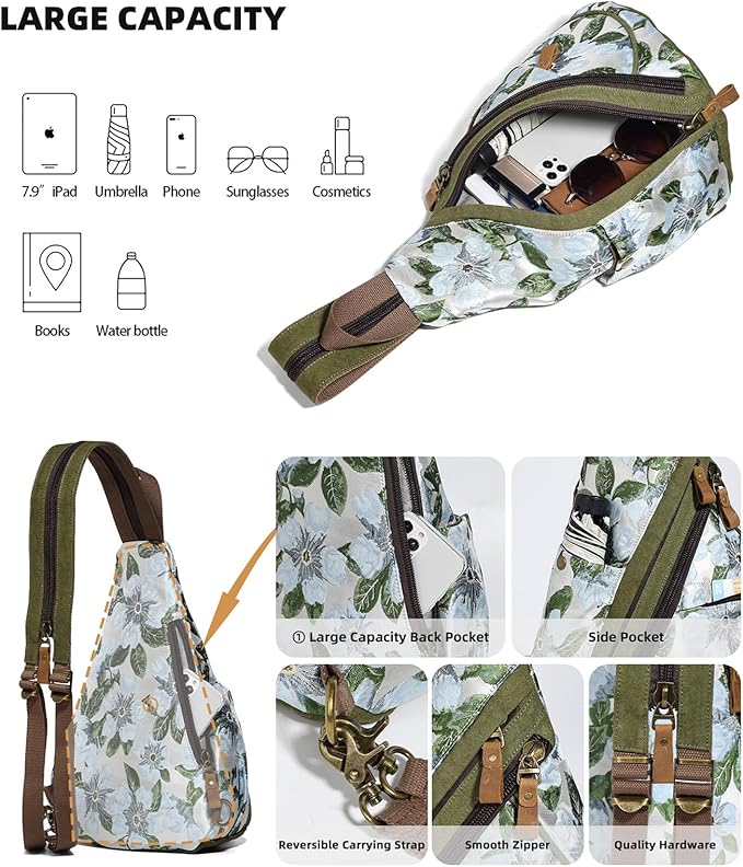 KL928 Canvas Sling Bag - Small Crossbody Backpack Shoulder Casual Daypack Rucksack for Men Women(Embroidery Green)