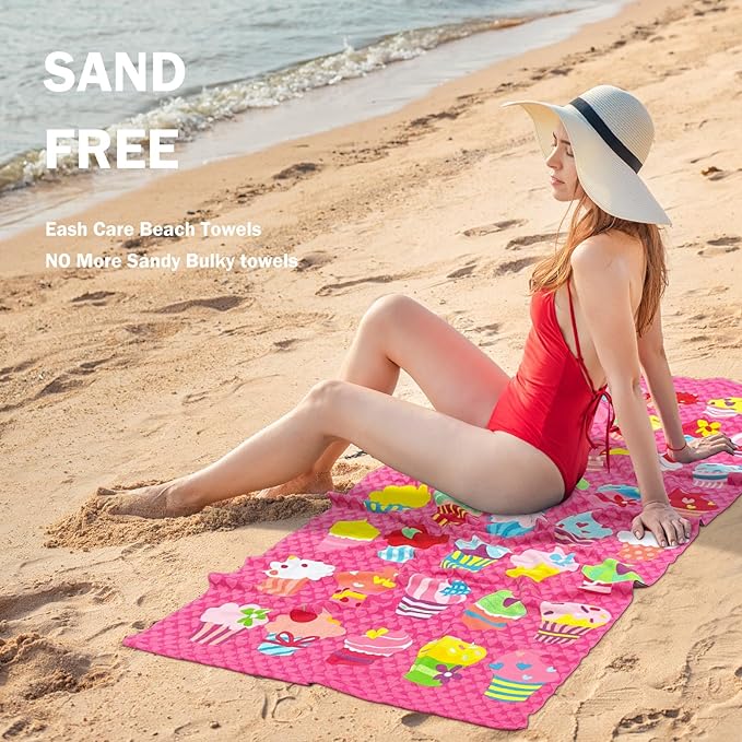 cabanana Sand Resistant Beach Towel - Quick Dry Microfiber Beach Towel 60x30 Inches Sandproof Pool Towels, Thin Lightweight Compact for Travel Swimming Bath for Adults Women Men (Cupcake)
