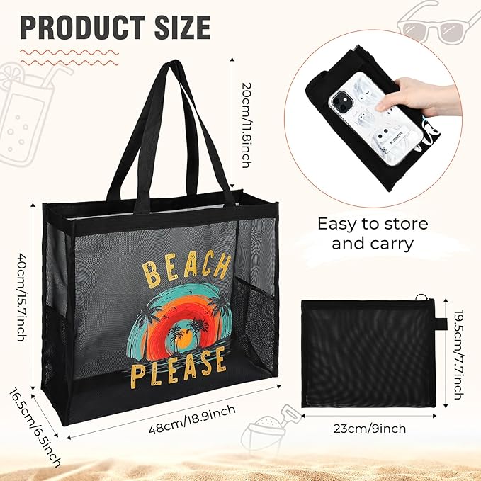30L Large Beach Bag with Pouch Foldable Sandproof Lightweight Mesh Tote Bag with Two Pockets for Swimming Travel