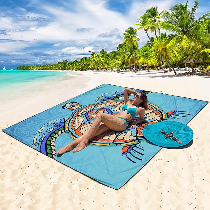 Beach Blanket Waterproof Sandproof Beach Mat 79”x 83” for 1-8 Adults Quick Drying Durable Outdoor Picnic Mat for Beach Festival Travel Camping Hiking (Mandarin Seaturtle, 79"×83"(4 Person))