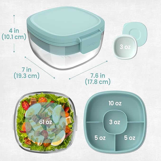 Bentgo Glass Salad Container - 7.6-Cup Salad Bowl with Airtight Lid, Leak-Proof Sauce Container, 4-Compartment Bento Tray & Reusable Fork - BPA-Free for Meal Prep, Office & More (Coastal Seaglass)