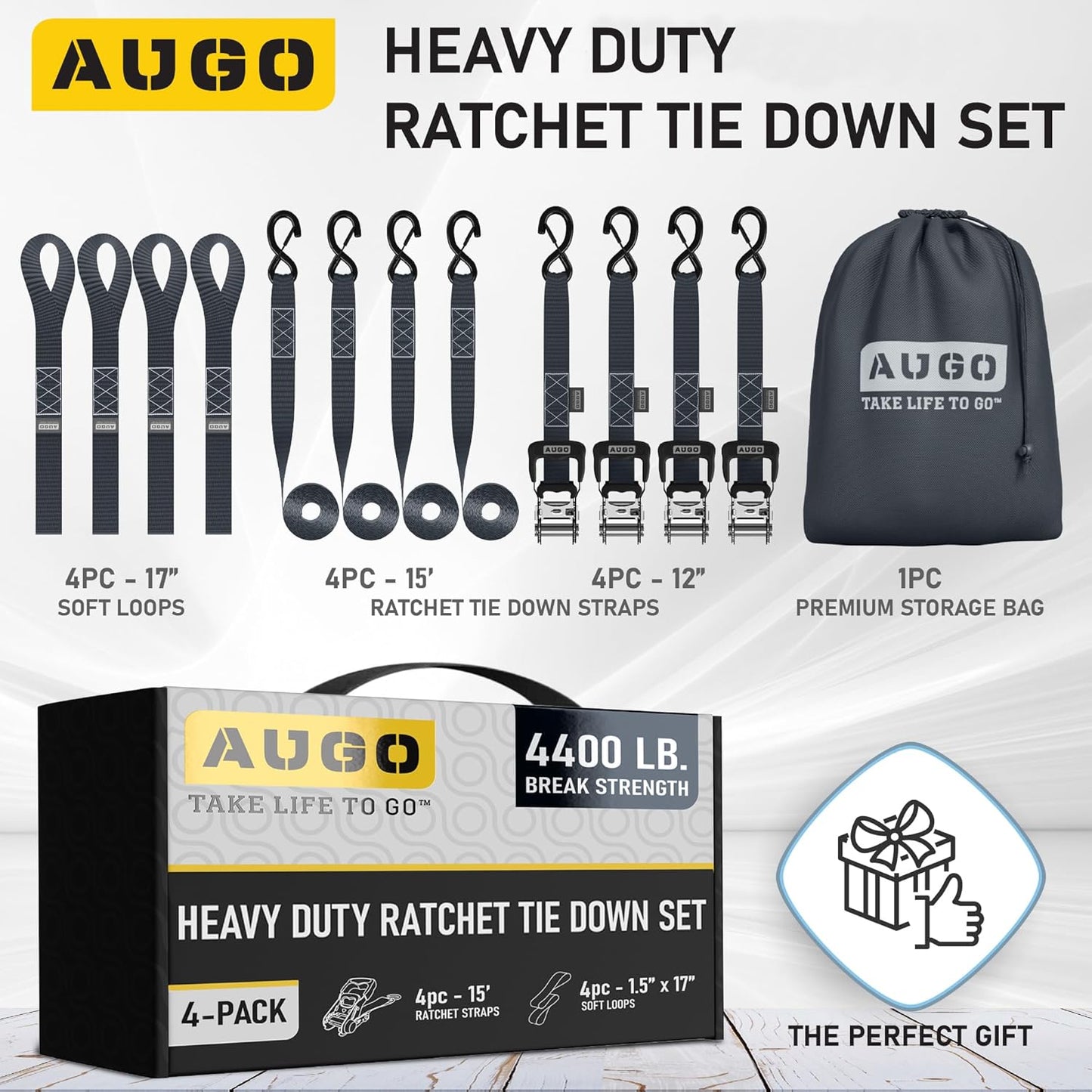 AUGO Heavy Duty Ratchet Straps & Soft Loops – Pack of 4 Extra Strong 1.5” by 15’ Ratchet Straps w/S-Hook Safety Latches & 4 Soft Loop Tie Downs – 4400Lb Break Strength for Motorcycles, ATVs, Etc.