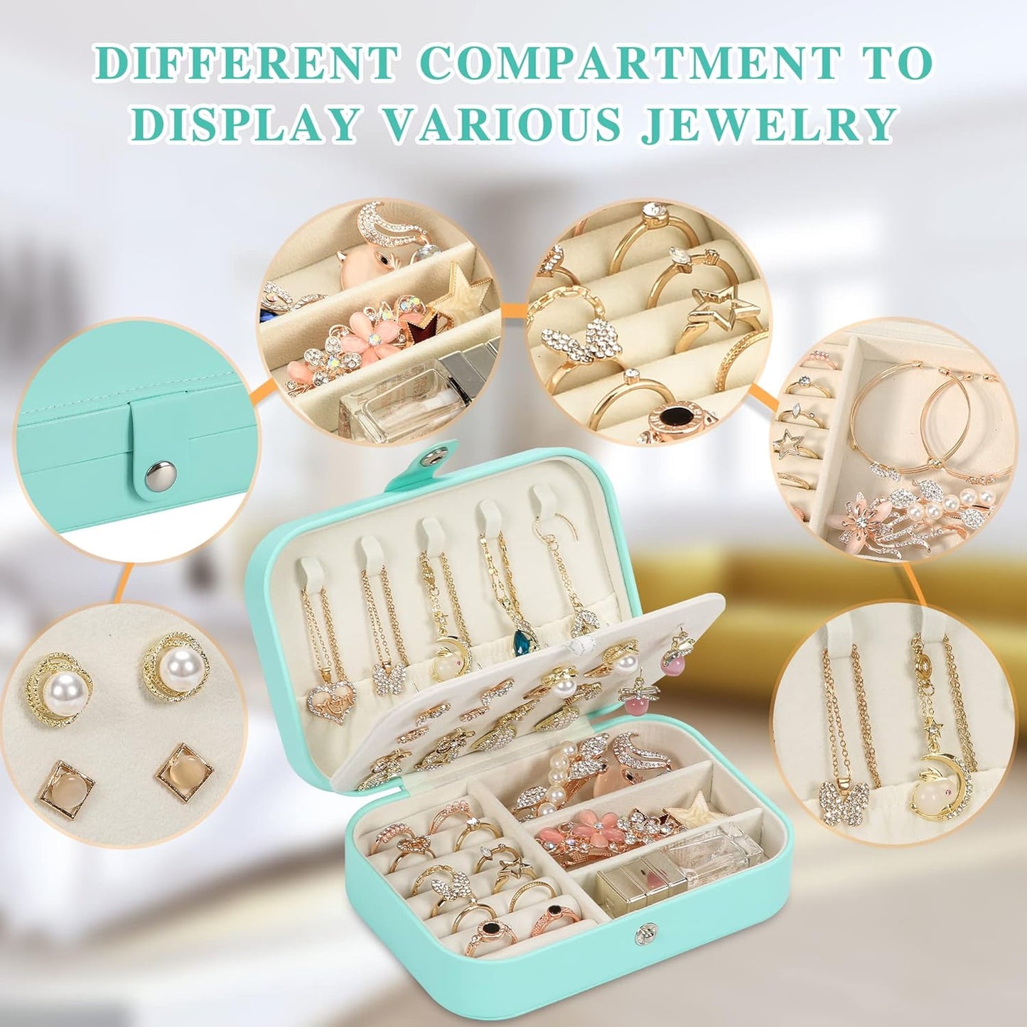 Travel Jewelry Box, PU leather Small Jewelry Organizer For Female Girls, double layer portable mini travel case for storing earrings, rings, necklaces.(Green)