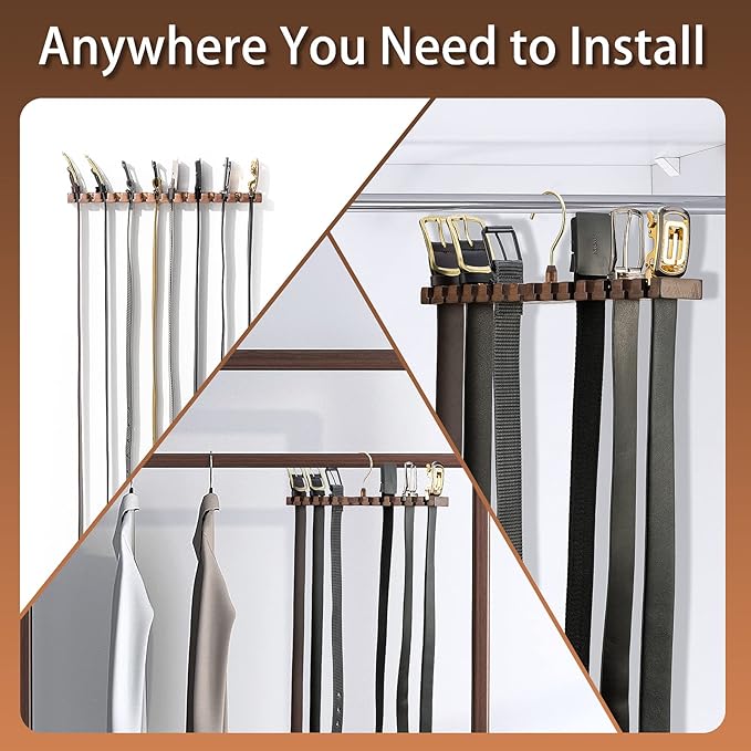 Wooden Belt Rack for Closet Wall Mount, Sturdy Belt Hanger Organizer Holds 14 Belts, Space Saving Belt Holder for Closet Door Wall, Walnut