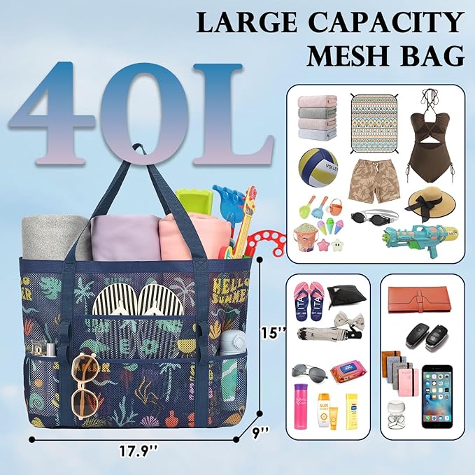 Mesh Beach Bag, Large Beach Tote with Zipper Pocket, Toys Pool Bag for Family Travel Vacation Cruise Essentials