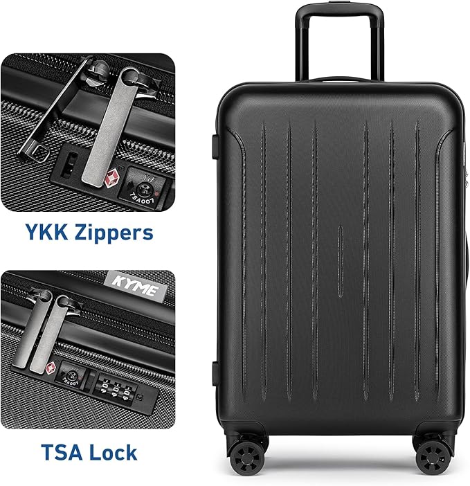 KYME Luggage Sets 2 Piece Hardshell 20"/24" Suitcase with Double Spinner Wheels Hardside Suitcases Sets with TSA Lock PC+ABS Travel Luggage (Black, 2Pcs Set(20"/24"))
