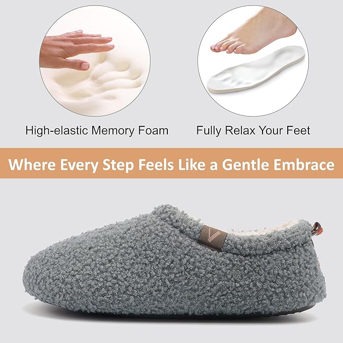 Women’s Fuzzy Memory Foam Slippers with Cozy Curly Fur and Warm Fleece Lining Closed Back Non-Slip House Shoes Lightweight Soft Comfy Indoor Bedroom Slippers