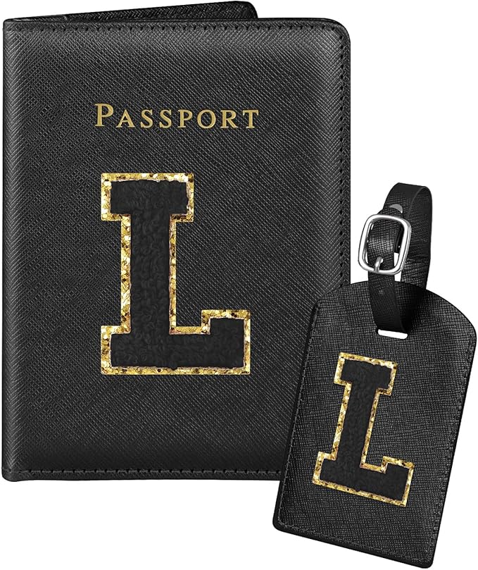 Slohif Passport Holder Initial Lugguage Tag Set Suitcase Cover Wallet Case for Travel Women - Leather Letter Passport Book Personalized Organizer Card Protector Sleeve Essentials Slim Carrier Black L