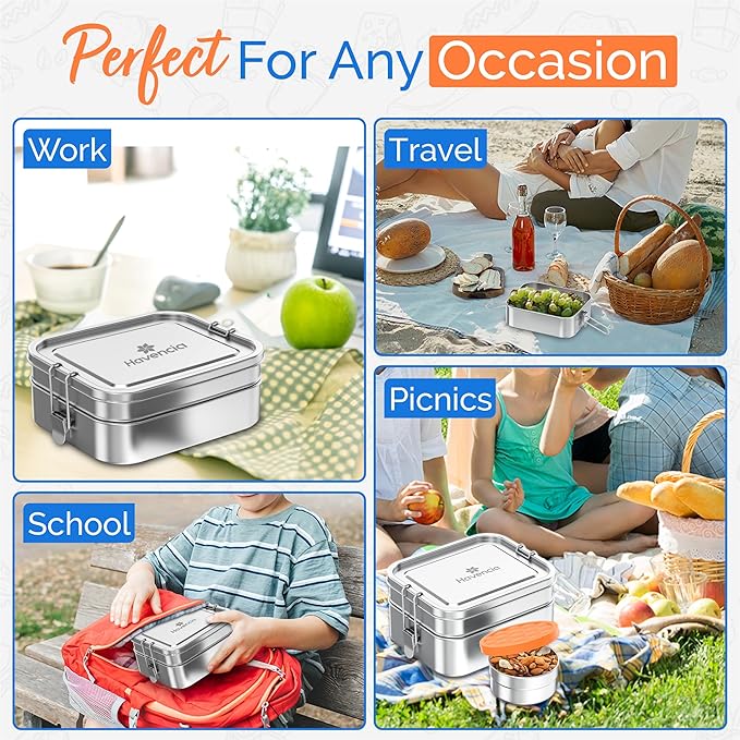 Stackable Stainless Steel Bento Box with Snack Container, 47oz/1400ml - Stainless Steel Lunch Box, Metal Bento Box for Kids & Adults, Eco-Friendly with Compartments for School, Work & Travel