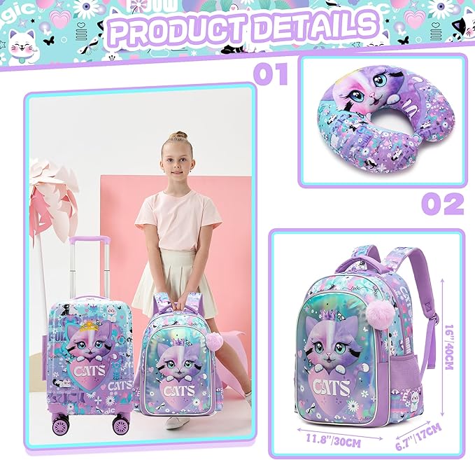 Kids Suitcase Set for Girls Hardside Luggage with Spinner Wheels 5 Piece 16inch Toddler Suitcase for Girls Travel Carry on Luggage Airline Approved