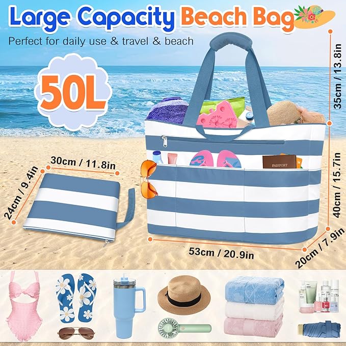 BKNOOU Extra Large Beach Bags Waterproof Sandproof XL Beach Tote Bag for Women Zipper Foldable Swim Pool Bag with Wet Pocket
