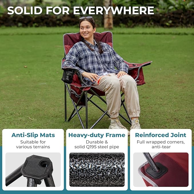 FUNDANGO Oversized Camping Chairs for Adults, Heavy Duty Fold Up Sports Games Lawn Chairs, Extra Wide Big Man Outdoor Chairs with Padded Lumbar Support Backrest, Bag Included for Camp, Outside, Beach