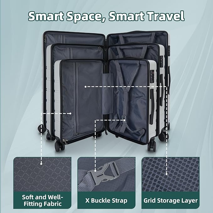 Luggage Sets 3 Piece, 100% PC Hardside Luggage with Spinner Wheel TSA LOCK Lightweight Quiet Suitable for Men and Women, Family Y01 Silver 20/24/28(Diagonal stripes)