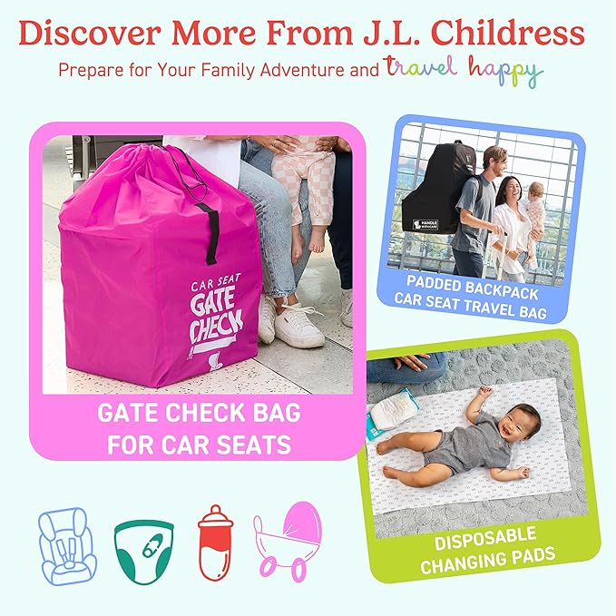 J.L. Childress Gate Check Bag for Single & Some Double Strollers - Travel Bag for Airplane, Fits Most Standard Baby Strollers, Airport Accessories Gate Check, Flying Essentials - Neon Pink