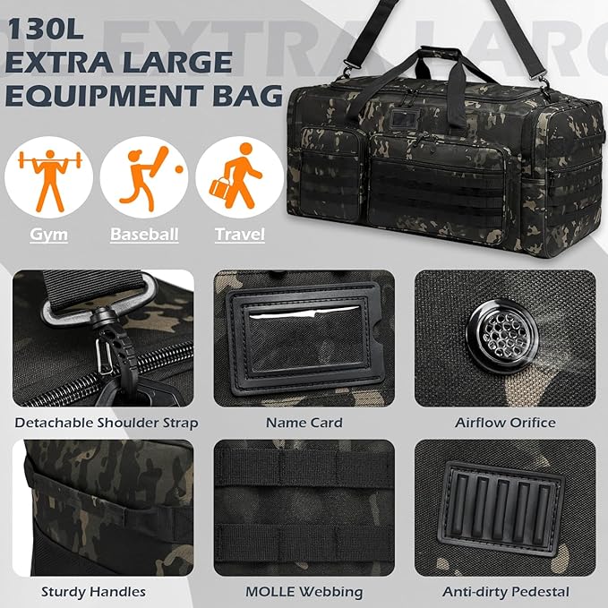 135L Large Duffle Bag, Heavy Duty Duffle Bag for Travel, Extra Large Sports Gym Equipment Bag for Soccer Baseball Basketball Hockey Football, Black CM