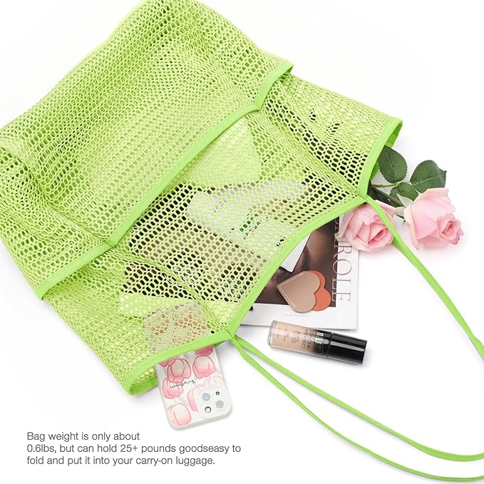 KPX Beach Bag with Mini Pocket, Beach Tote Bags for Women Large Foldable Mesh Swimming Pool Travel Bags - Sandproof