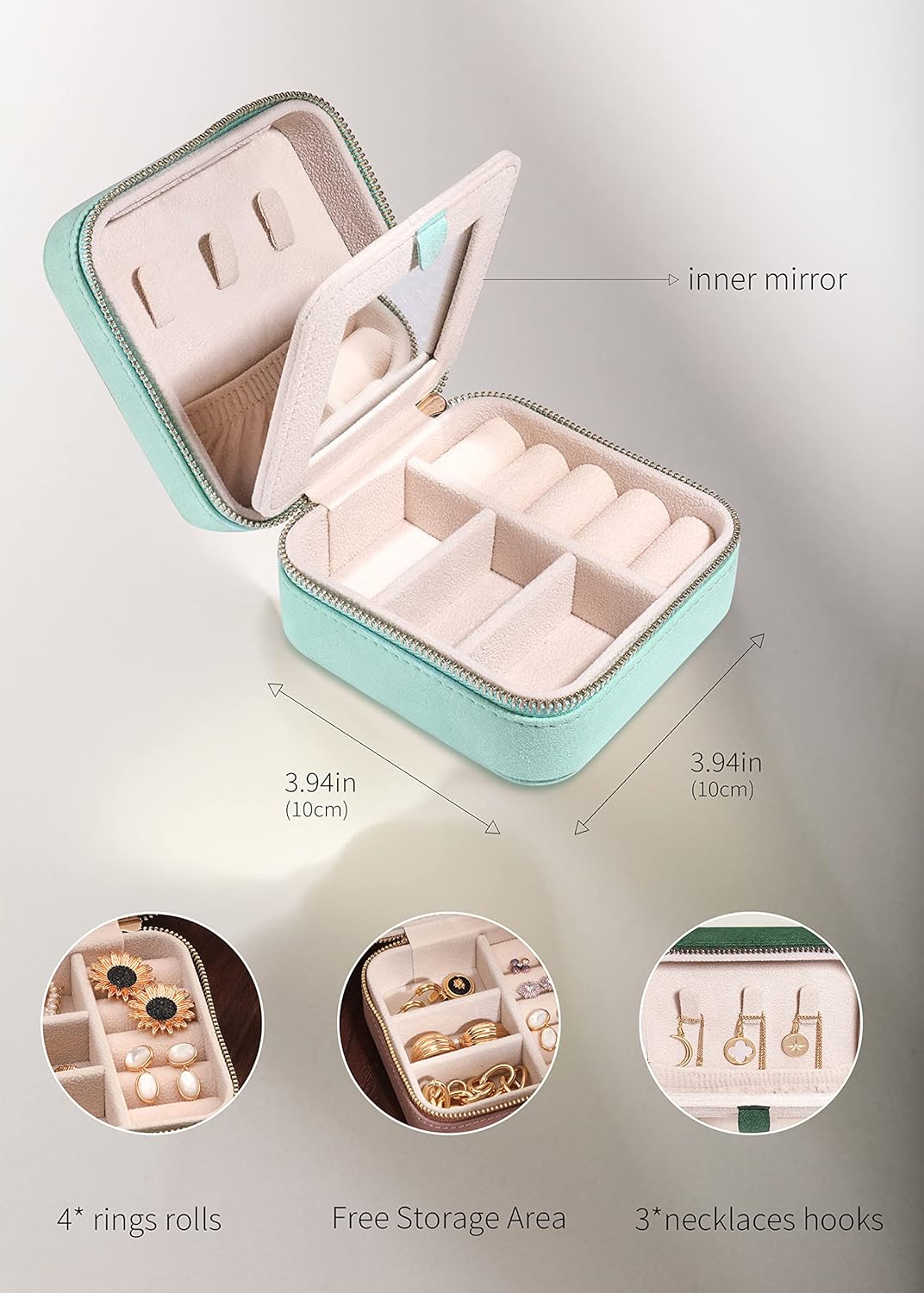 S.Leaf Travel Jewelry Box - Portable Case for Women - Suede Touch Mint Green