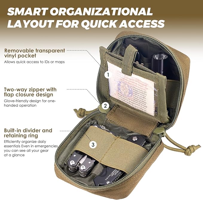 2 Pack Mini Tactical EDC Molle Pouch with 4 D-Rings, Compact Utility Belt Pouches Organizer with Removable Clear ID Pocket for Enhanced Gear Attachment (4x4 GP Pouch)