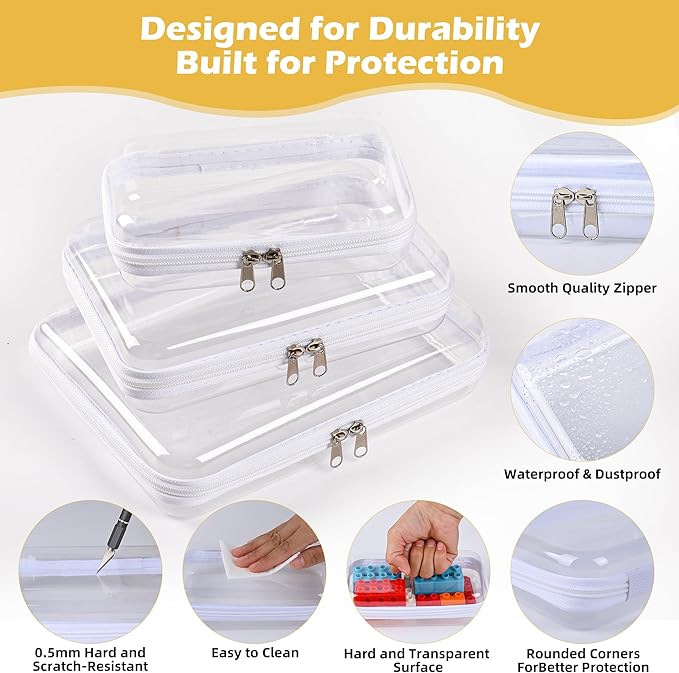 Clear Hard Shell Zipper Case Set of 3 – Waterproof Transparent Makeup and Toiletry Organizers, Multi-Purpose PVC Pouches for Travel, Cosmetics, Diaper Bags, Kids Toys & Office Supplies (SML)