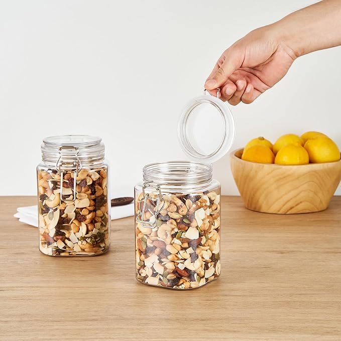 Met Lux 43 Ounce Hinged Food Storage Jars, 20 Airtight Jars With Lids - Rubber Gasket, Wide Mouth, Clear Plastic Square Canisters, Freezable, For Kitchen And Pantry Storage - Restaurantware