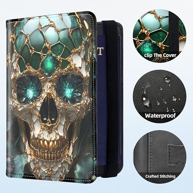Passport Holder for Travel, RFID Blocking Passport Holder Travel Walle, Passport and Vaccine Card Holder, Vacation Must Haves Travel Accessories for Men Women, Golden Skull with Emerald Eye